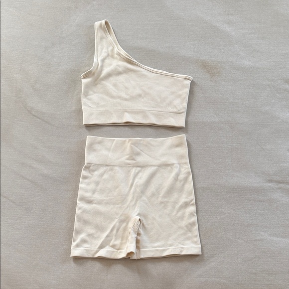 Amazon Other - Amazon Cream One-Shoulder Ribbed Sports Bra & High-Waist Biker Short Set